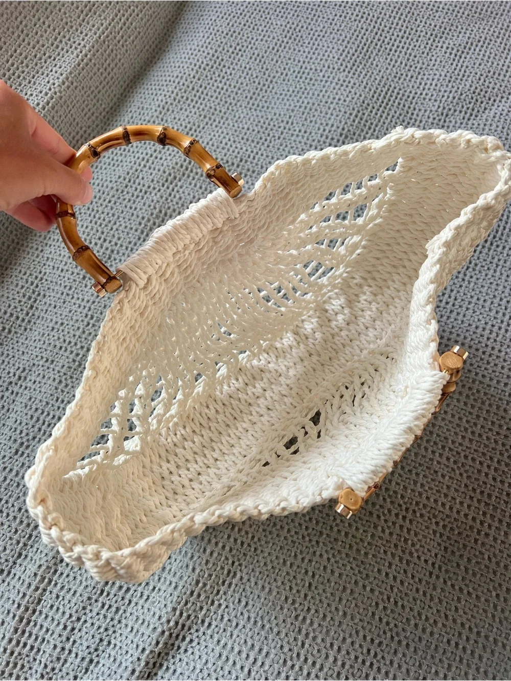 Woven Crochet Tote Bag with Bamboo Handles - White Purse Beach Bag